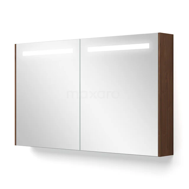 Wooden bathroom mirror cabinet with double doors, LED lighting and modern design. Perfect for bathroom storage.