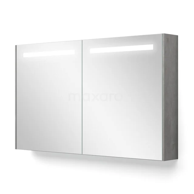Spiegelkast Met Verlichting en Verwarming Modulo 120x70cm Lichtgrijs Beton K95-1200-59000-50 Dubbele spiegelkast met geïntegreerde LED-verlichting, strak wit design, ideaal voor extra opbergruimte in de badkamer.