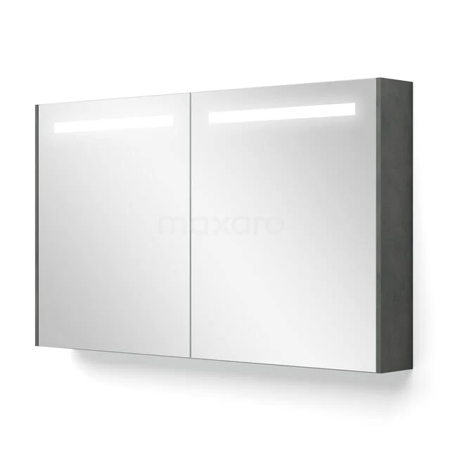 Spiegelkast Met Verlichting en Verwarming Modulo 120x70cm Donkergrijs Beton K95-1200-59000-51 Spiegelkast met LED-verlichting, modern design, mat grijze zijkanten, ideaal voor stijlvolle badkameropslag.