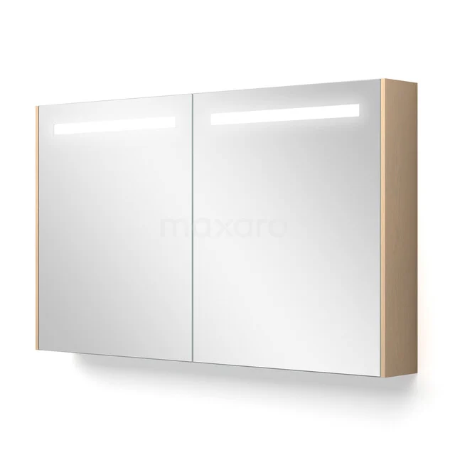 Spiegelschrank mit Beleuchtung und Heizung Modulo 120x70cm Eiche Natur K95-1200-59000-61 Holz-Spiegelschrank mit doppelten Türen und integrierter LED-Beleuchtung, ideal für moderne Badezimmergestaltung.