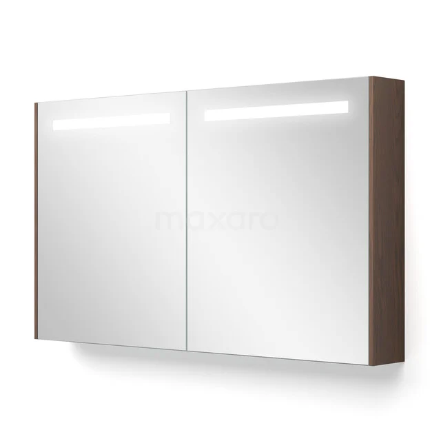 Brown wooden bathroom cabinet with mirrored doors and integrated LED lighting, perfect for modern bathrooms.