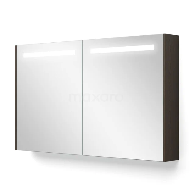Floating bathroom cabinet with mirrored doors, LED lighting and dark brown sides. Modern design and energy-efficient.