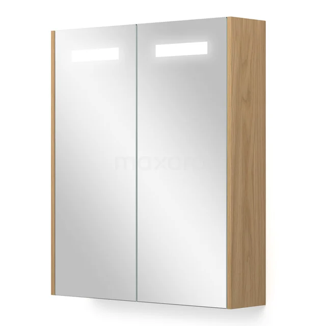 Bathroom mirror cabinet with LED lighting, wood-look sides and double mirrored doors, ideal for modern bathroom space.