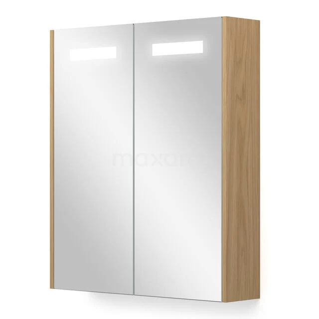 Spiegelkast Met Verlichting en Verwarming Modulo 60x70cm Naturel Fineer K95-0600-59000-60 Badkamerspiegelkast met LED-verlichting, houtlook zijkanten en dubbele spiegeldeuren, ideaal voor moderne badkamerruimte.