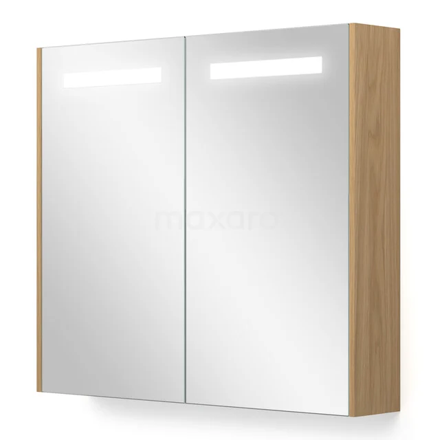 Spiegelkast Met Verlichting en Verwarming Modulo 120x70cm Naturel Fineer K95-1200-59000-60 Houten badkamerspiegelkast met LED-verlichting, twee spiegeldeuren en modern design.