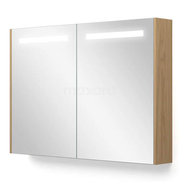 Spiegelkast Met Verlichting en Verwarming Modulo 80x70cm Naturel Fineer K95-0800-59000-60 Houten badkamerspiegelkast met dubbele spiegeldeuren, geïntegreerde LED-verlichting en moderne afwerking.