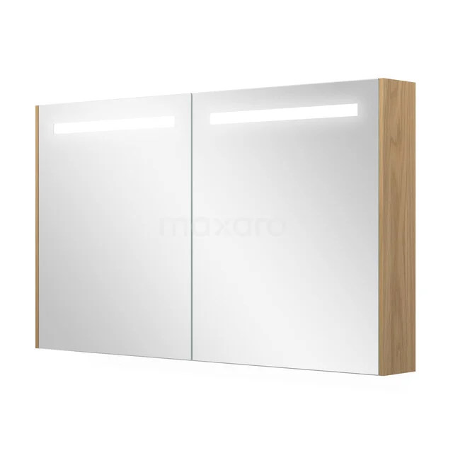 Wooden bathroom mirror cabinet with double doors, integrated LED lighting and modern finish.