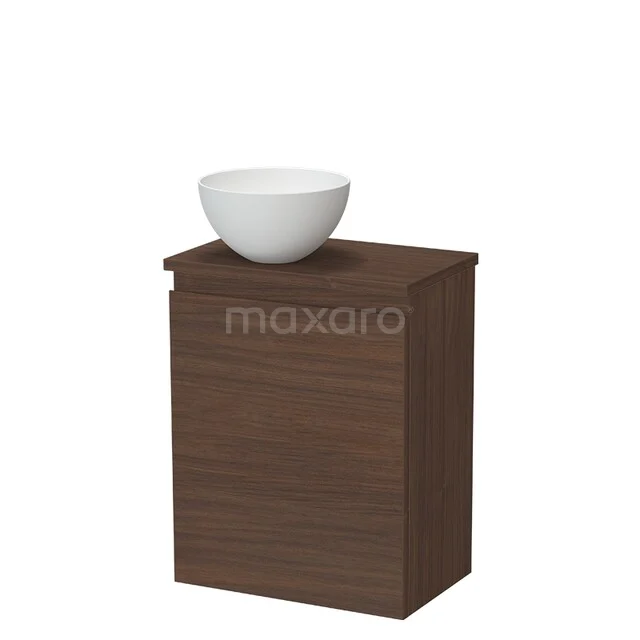 Wooden bathroom furniture with a white washbasin, modern design in dark wood colour, ideal for small bathrooms.
