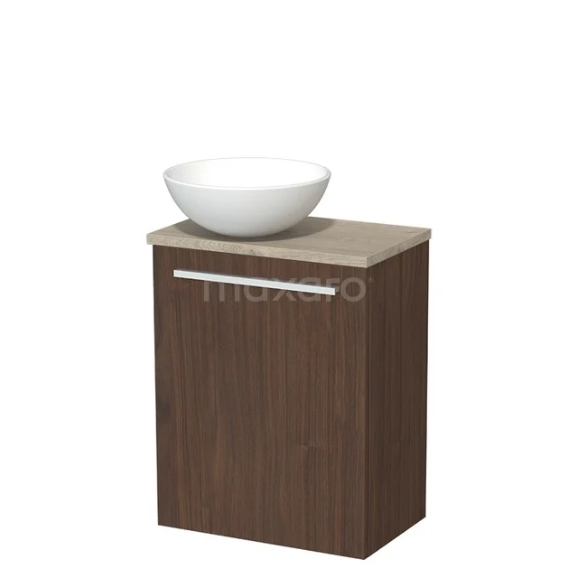 Toilet furniture with countertop wash basins TMK10-17034 Houten badkamermeubel met donkerbruin fineer, wit ronde wastafel en strakke handgreep, ideaal voor een moderne badkamer.