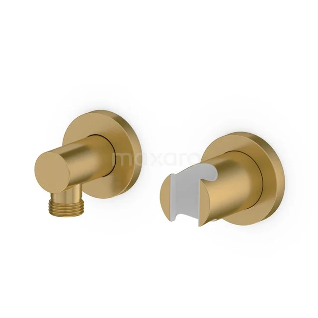 Brass gold wall tap set with modern design and round shapes, including holder for bathroom accessories.