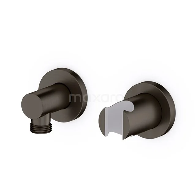 Matte black wall-mounted tap with round shapes and matching hand shower holder, perfect for a modern bathroom style.