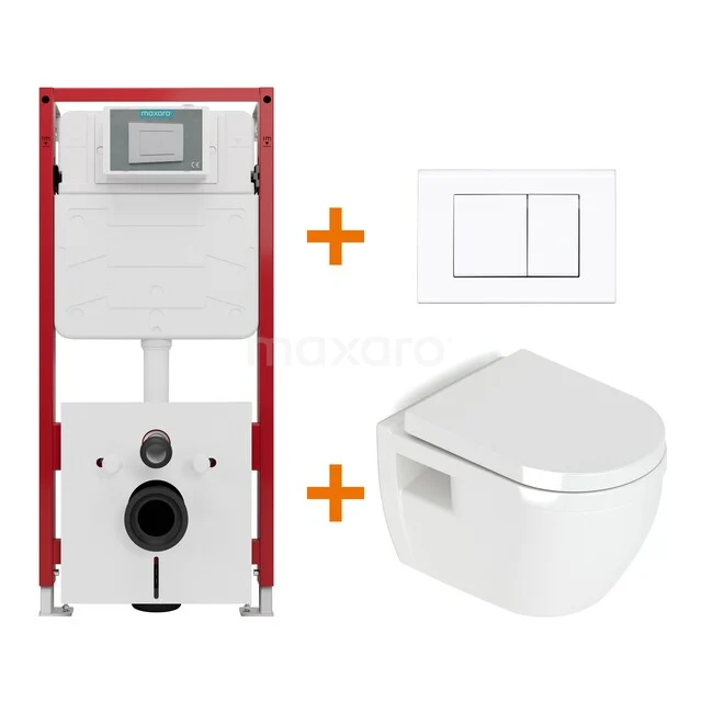 Inbouw wc-set met wit hangend toilet, rood frame en duo drukplaat; ideaal voor een moderne badkamer.