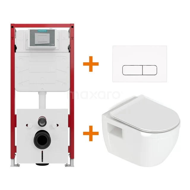 Inbouwreservoirset met wit keramisch hangtoilet, inclusief softclose zitting en dual flush bedieningsplaat voor de badkamer.