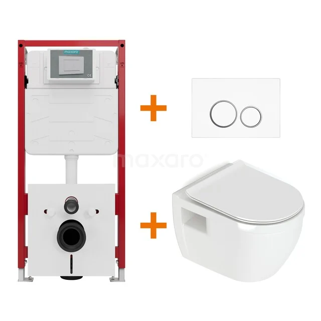 Toiletset Hoogglans wit zonder Spoelrand + Maxaro Flush Pro inbouwreservoir met geluidsisolatie TOI1765 Geberit inbouwreservoir rood met witte hangtoilet, inclusief bedieningsplaat. Perfect voor een moderne badkamerupgrade.
