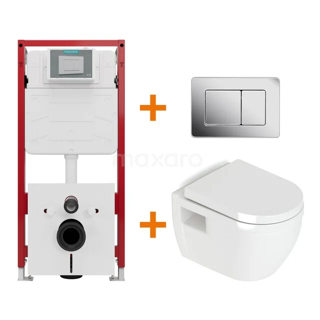 Toiletset Hoogglans wit zonder Spoelrand + Maxaro Flush Pro inbouwreservoir met geluidsisolatie TOI1788 Wandclosetset met wit keramisch toilet, inbouwreservoir en RVS bedieningspaneel. Moderne oplossing voor elke badkamer.