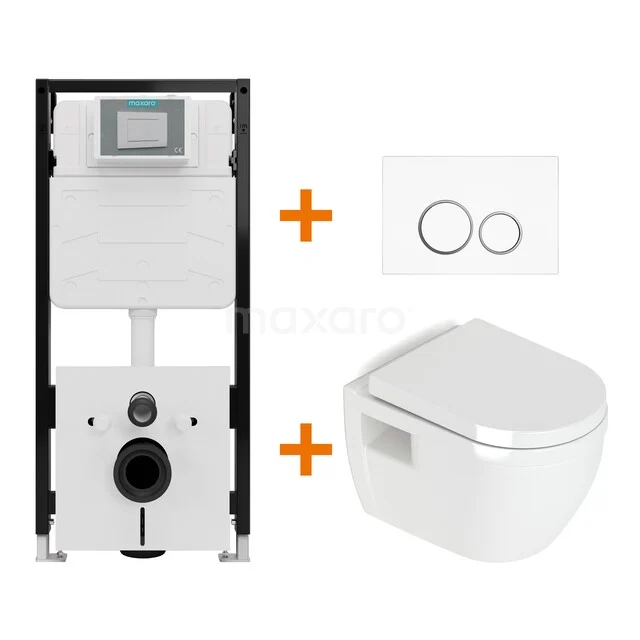 Toiletset Hoogglans wit zonder Spoelrand + Maxaro Flush Slim Pro inbouwreservoir met geluidsisolatie TOI2523