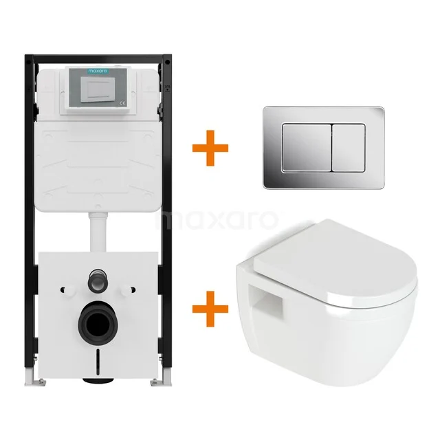 Toiletset Hoogglans wit zonder Spoelrand + Maxaro Flush Slim Pro inbouwreservoir met geluidsisolatie TOI2547