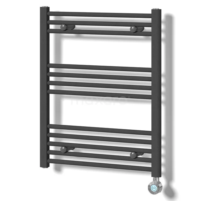 Matt Schwarz Handtuchheizkörper mit horizontalen Rohren, kompaktes Design, perfekt für moderne Bäder.