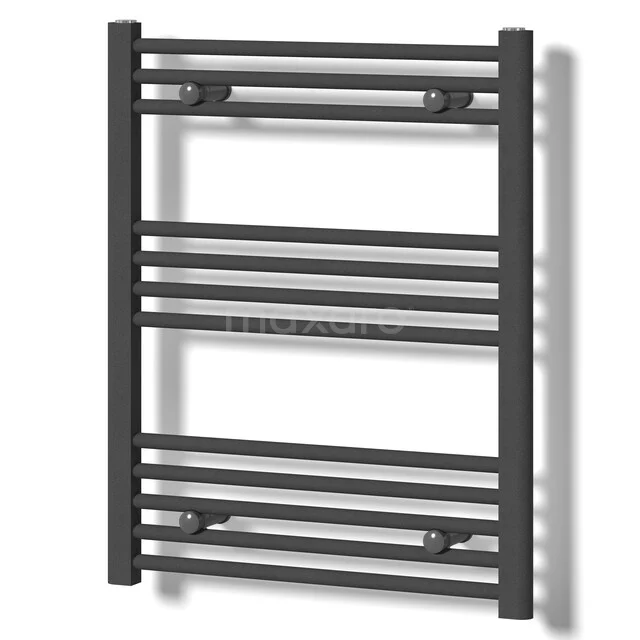 Anthracite towel radiator with horizontal bars, modern design and durable steel, ideal for humid bathroom environments.
