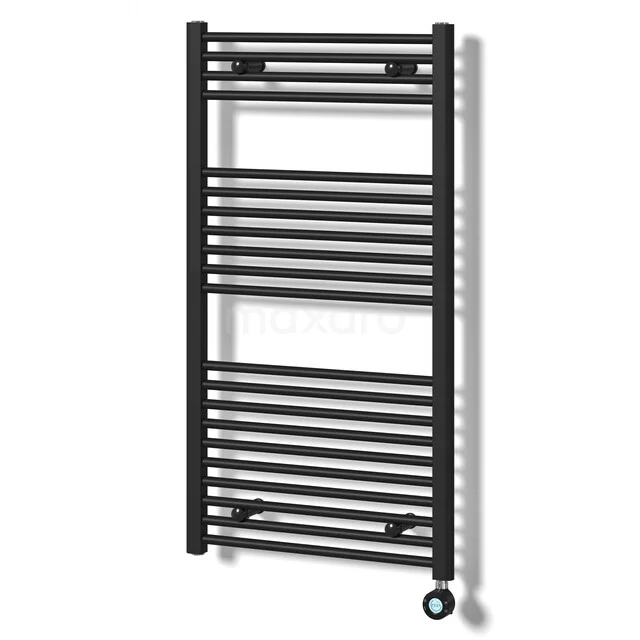 Zwarte handdoekradiator met horizontale spijlen en minimalistisch design, perfect voor moderne badkamerverwarming.