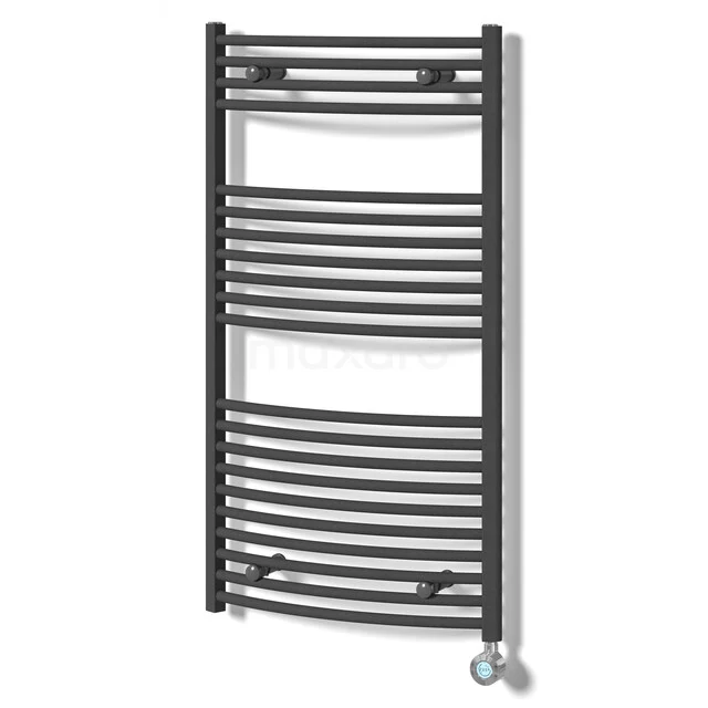 Antraciet handdoekradiator met gebogen buizen, modern design, ideaal voor warmte en stijl in de badkamer.