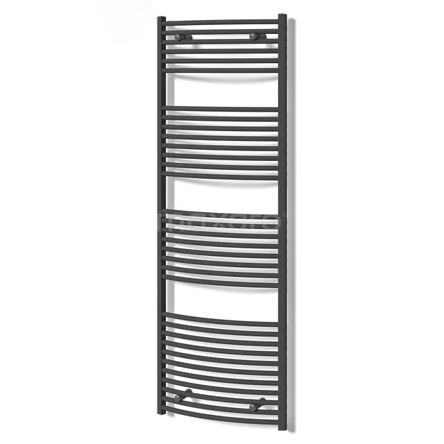 Black designer towel radiator with curved bars, ideal for stylish bathroom heating and towel drying.