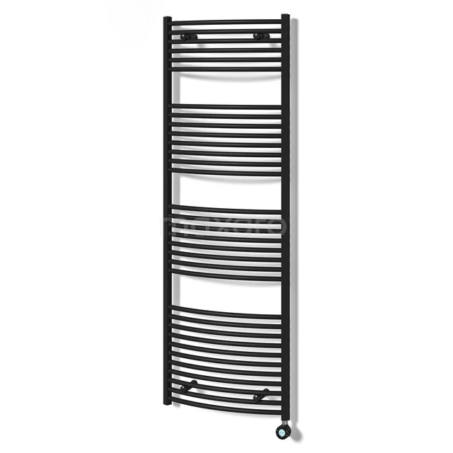 Zwarte design handdoekradiator met gebogen lijnen, perfect voor modern badkamercomfort.