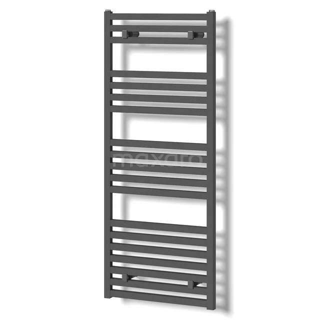 Zeus Handdoekradiator | 50x122 cm Donkergrijs 890 Watt Aluminium Centrale verwarming DR57_0512RDN Donkergrijze handdoekradiator van staal, verticale opbouw met horizontale spijlen, ideaal voor een moderne badkamer.