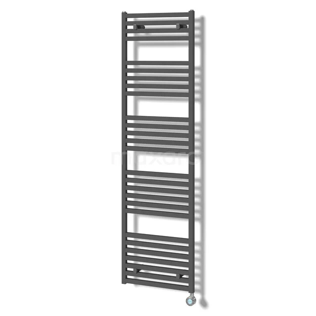 Antraciet design handdoekradiator van staal met horizontale buizen, ideaal voor een moderne badkamer.