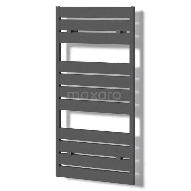 Antraciet handdoekradiator met horizontale lamellen, strak design, ideaal voor moderne badkamers.