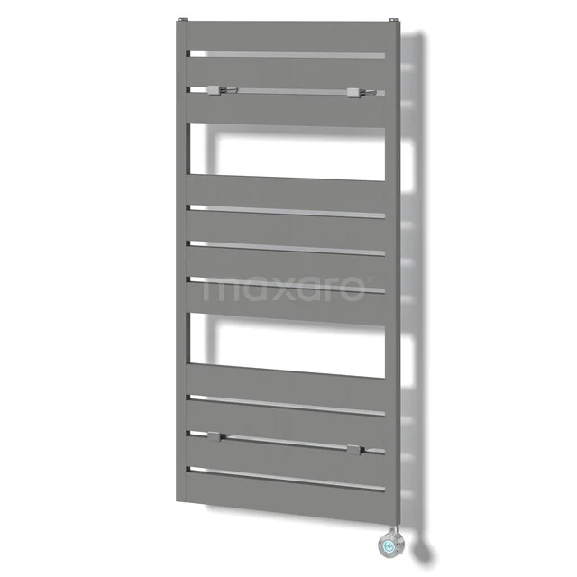 Pluto Radiator Elektrisch | 60x120 cm Lichtgrijs 600 W att Aluminium DR60_0612RLN-EN Grijze handdoekradiator met horizontale lamellen, ideaal voor de badkamer, modern design van duurzame metalen constructie.