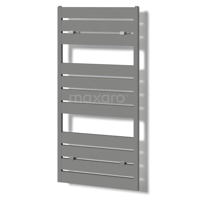 Grijze handdoekradiator van metaal, modern lameldesign, ideaal voor stijlvolle badkamerverwarming.