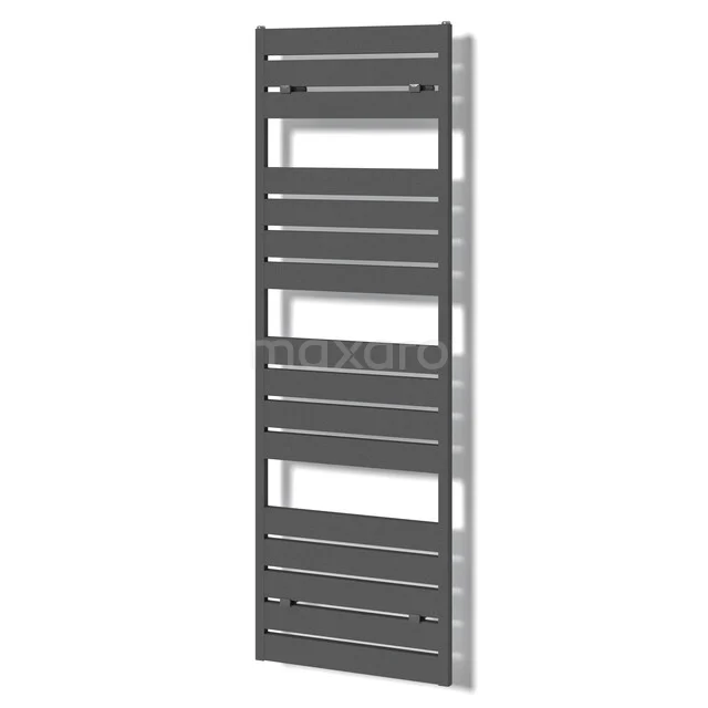 Grijze design handdoekradiator met horizontale lamellen, ideaal voor modern badkamercomfort en efficiënte verwarming.
