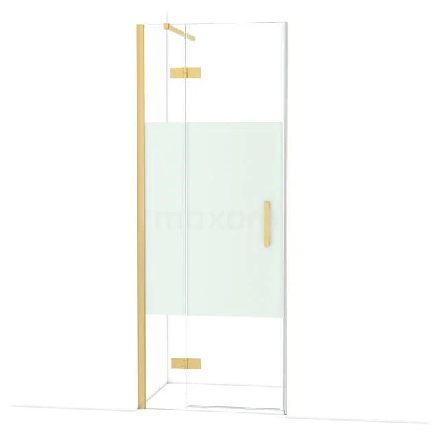 Douchedeur glas met goudkleurige scharnieren, strak design voor een moderne badkamer.
