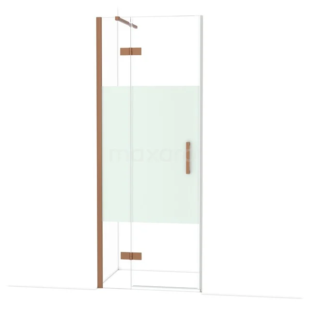 Douchedeur met helder glas, messing accenten en houten profiel, modern design voor stijlvolle badkamers.