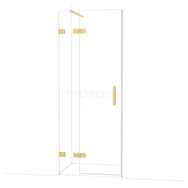 Glazen douchedeur met gouden scharnieren en handgreep, minimalistisch design, ideaal voor een moderne badkamerstijl.