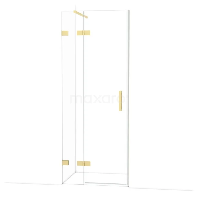 Glasene Duschtür mit goldfarbenen Scharnieren und Haltegriff, elegantes Design für ein modernes Badezimmer.