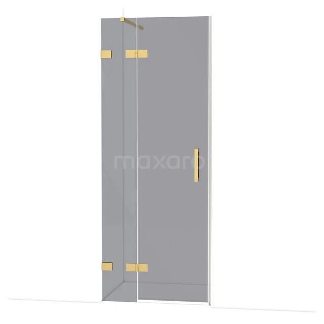 Glasdouchedeur mit goldfarbenen Scharnieren und Haltegriff, luxuriöse Ergänzung für ein modernes Badezimmer.