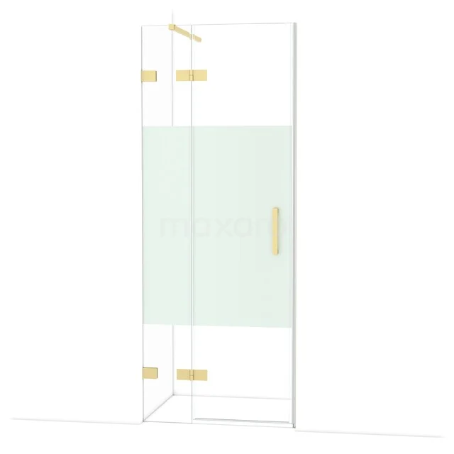 Diamond Shower door | 80 cm Light gold Clear with matt strip Pivot door DDB21351123LG Douchedeur met goudkleurige scharnieren en handgreep, helder glas met mat wit detail, luxe toevoeging aan de badkamer.
