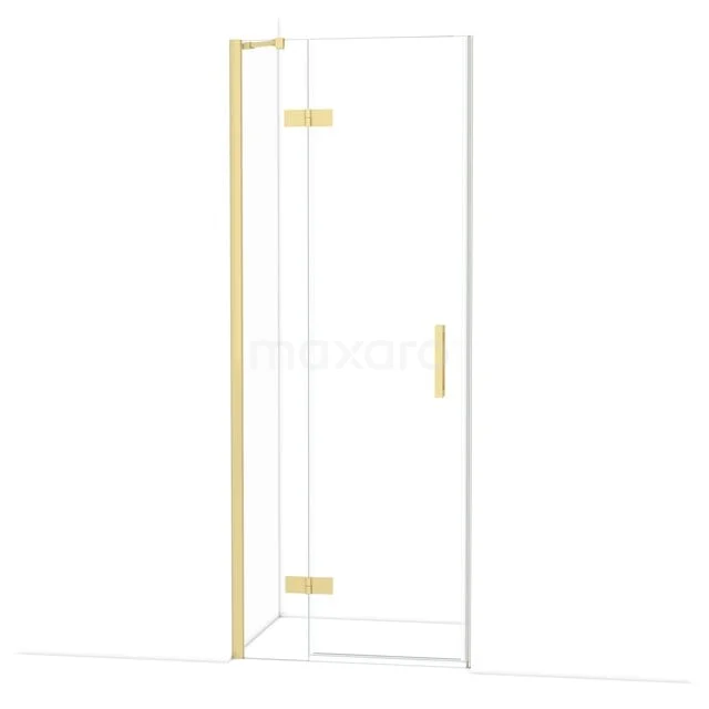 Goldene Duschtür mit Glasplatten und minimalistischem Design, perfekt für ein modernes Badezimmer.