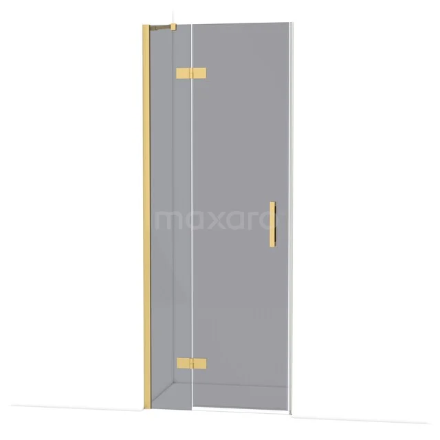 Glazen douchedeur met gouden scharnieren en handgreep, moderne badkamerstijl, duurzame constructie.