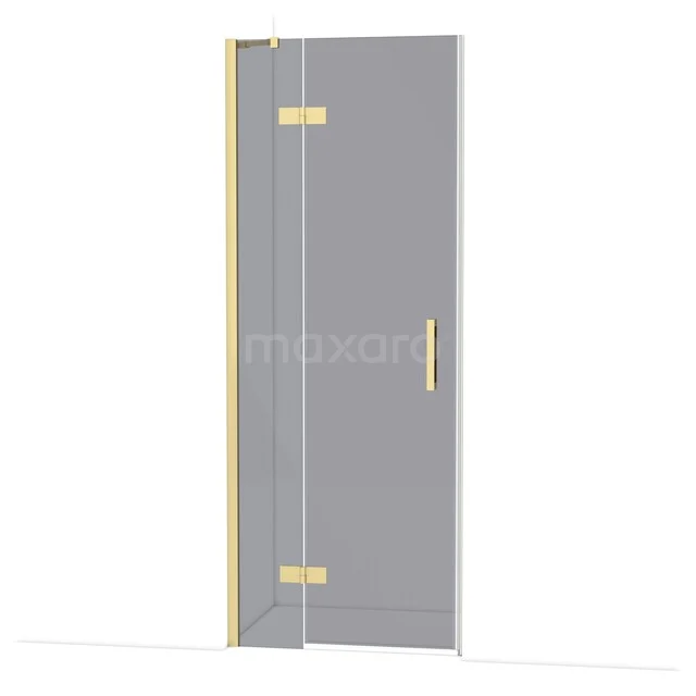 Glazen douchedeur met gouden scharnieren en handgreep, modern design, ideaal voor een stijlvolle badkamerinrichting.