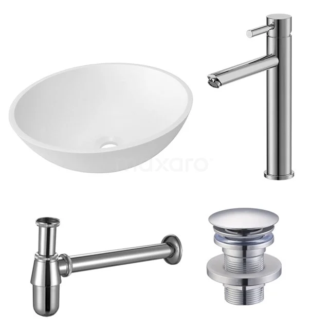 White oval ceramic basin bowl with chrome tap, siphon and drain plug; stylish set for modern bathrooms.