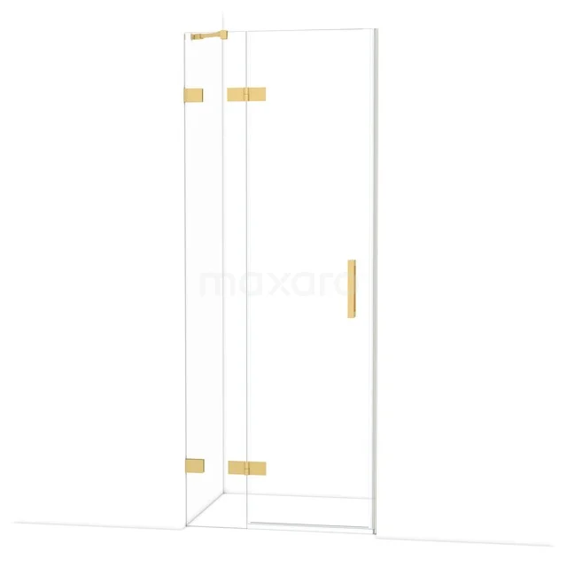 Glas Duschwand mit goldfarbenen Scharnieren und Haltegriff, minimalistisches Design für eine luxuriöse Badezimmerausstrahlung.