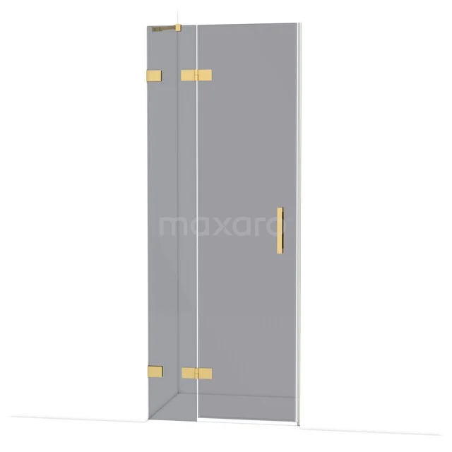 Gehard glazen douchedeur met gouden scharnieren en handgreep, perfect voor een luxe badkamerstijl.