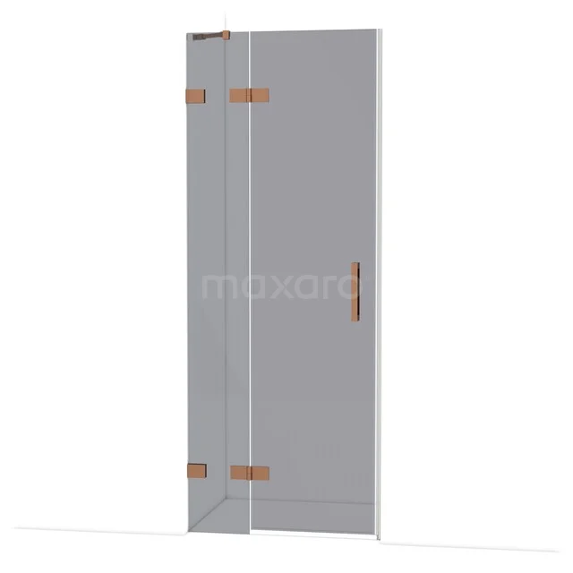 Glazen douchedeur met bronskleurige scharnieren en handgreep, modern ontwerp, perfect voor een elegante badkamerstijl.