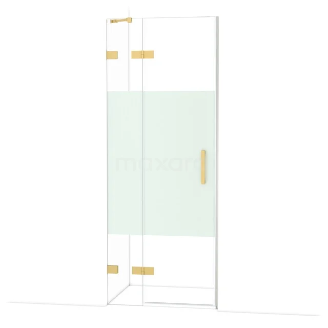 Eckige Glas-Duschkabine mit Goldakzenten, Mattglasstreifen und modernem Design, ideal für stilvolle Badezimmergestaltung.