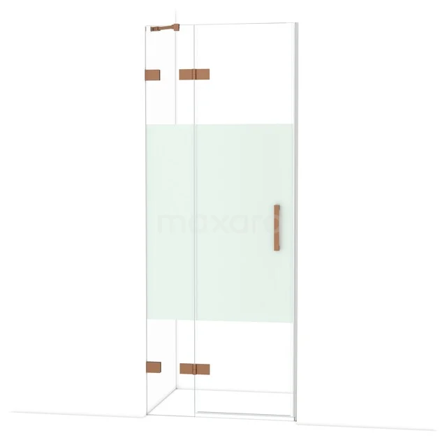 Diamond Shower door | 80 cm Copper Clear with matt strip Pivot door DDB21351223KP Glazen douchedeur met bronskleurige scharnieren, matglasdetail en handgreep; stijlvolle toevoeging aan moderne badkamers.
