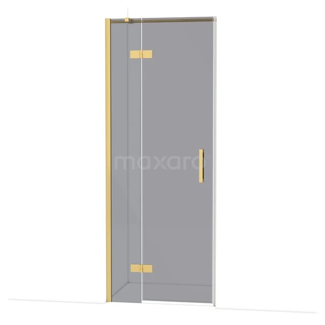 Glazen badkamerdeur met goudkleurig frame en handgreep, strak ontwerp voor elegante douche-inrichting.