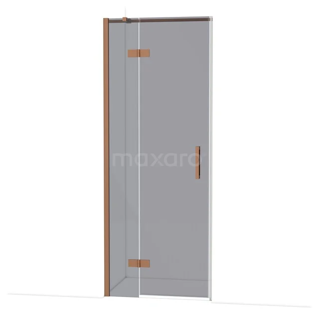 Douchedeur met koperkleurig frame, helder glas en scharnieren. Elegant design, perfect voor moderne badkamers.